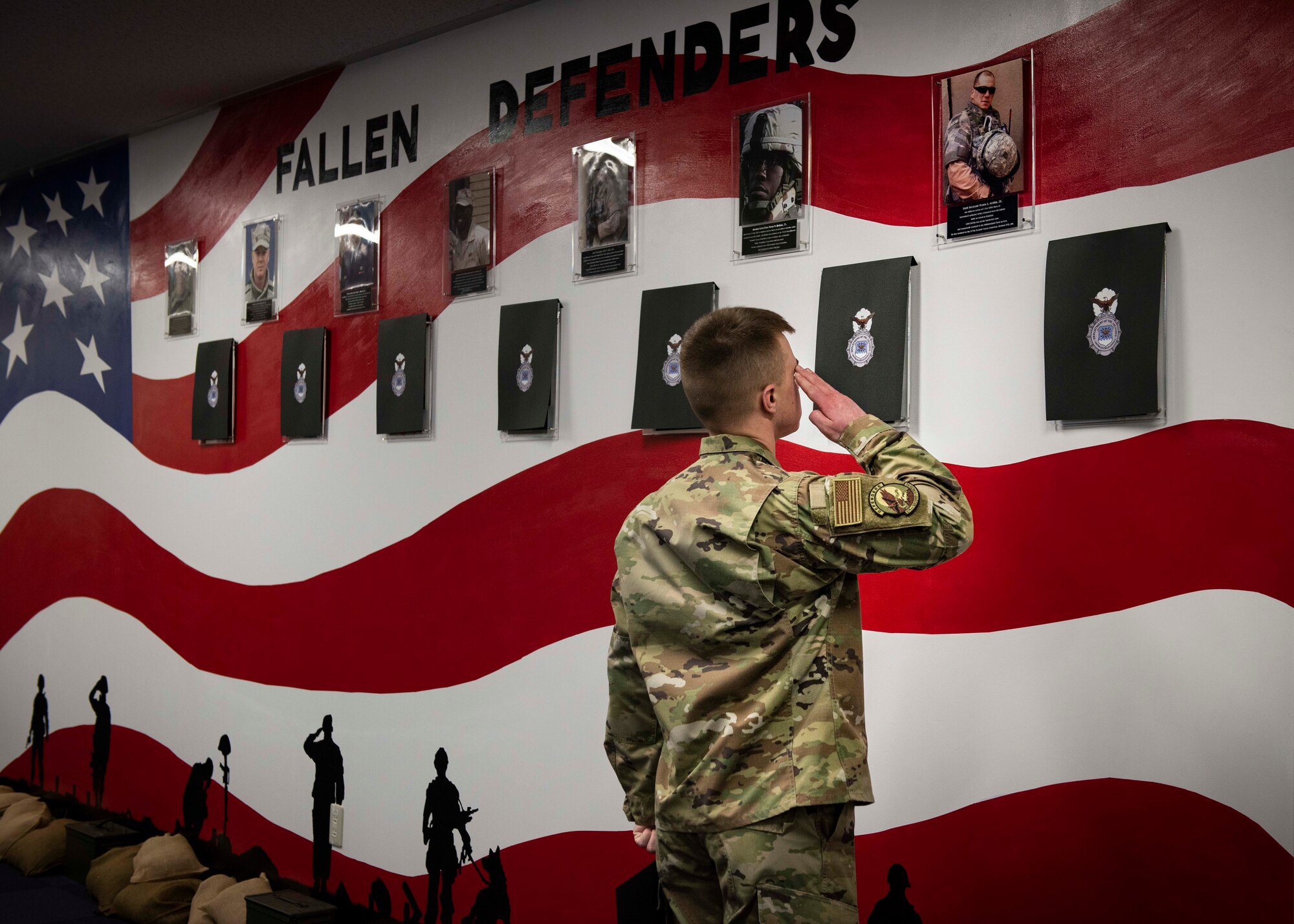 Airman 1st Class Jake Barnett, 374th Security Forces Squadron patrolman, salutes a photo of security forces airmen who fell in the line of duty, during a mural unveiling ceremony at Yokota Air
Base, Japan, Feb. 21, 2020.