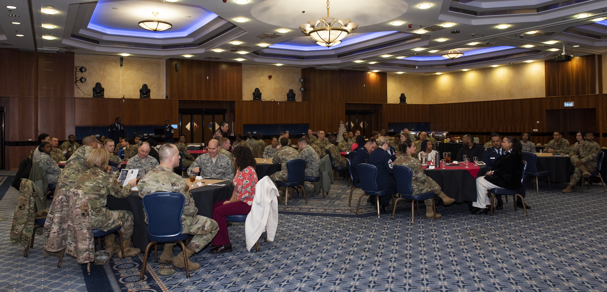 Members of the 52nd Fighter Wing and their family members gather for the annual Black History Month Luncheon at Spangdahlem Air Base, Germany, Feb. 24, 2020. The luncheon celebrated Black History Month and commemorated famous African-Americans who pioneered the Civil Rights Movement. (U.S. Air Force photo by Airman 1st Class Alison Stewart)