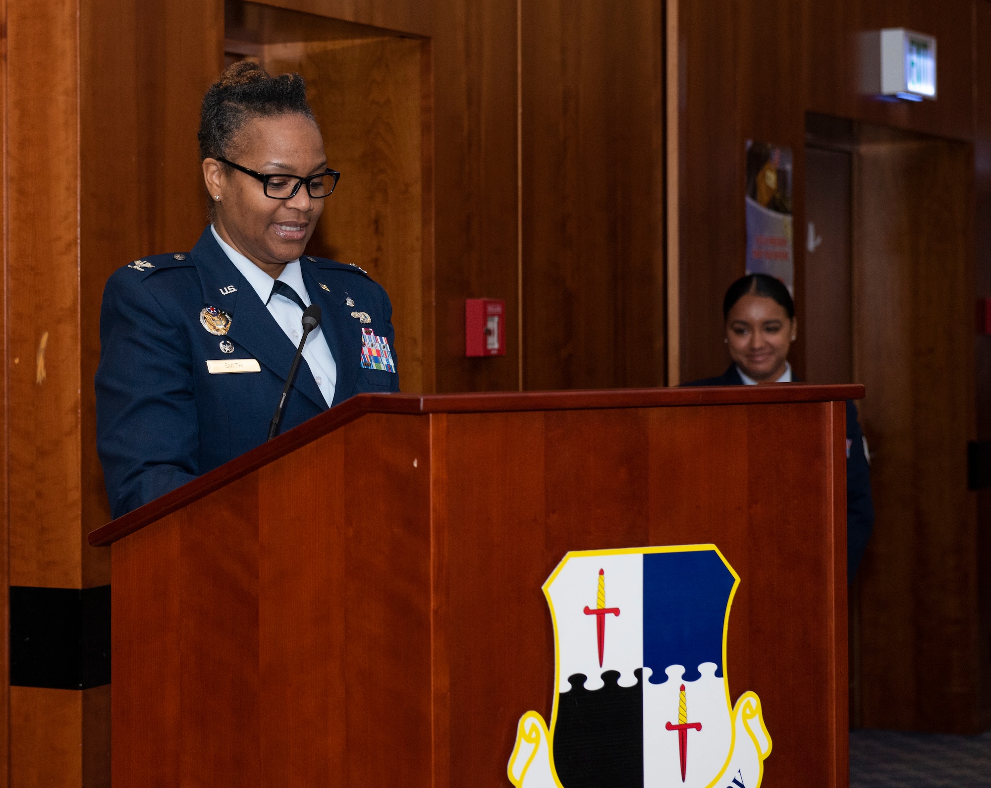 U.S. Air Force Col. Alisha Smith, 52nd Fighter Wing Medical Group commander, gives a speech at the annual Black History Month Luncheon at Spangdahlem Air Base, Germany, Feb. 24, 2020. Smith's speech detailed her inspiration during Black History Month and spoke of her own personal triumphs as an African-American woman in the armed forces. (U.S. Air Force photo by Airman 1st Class Alison Stewart)