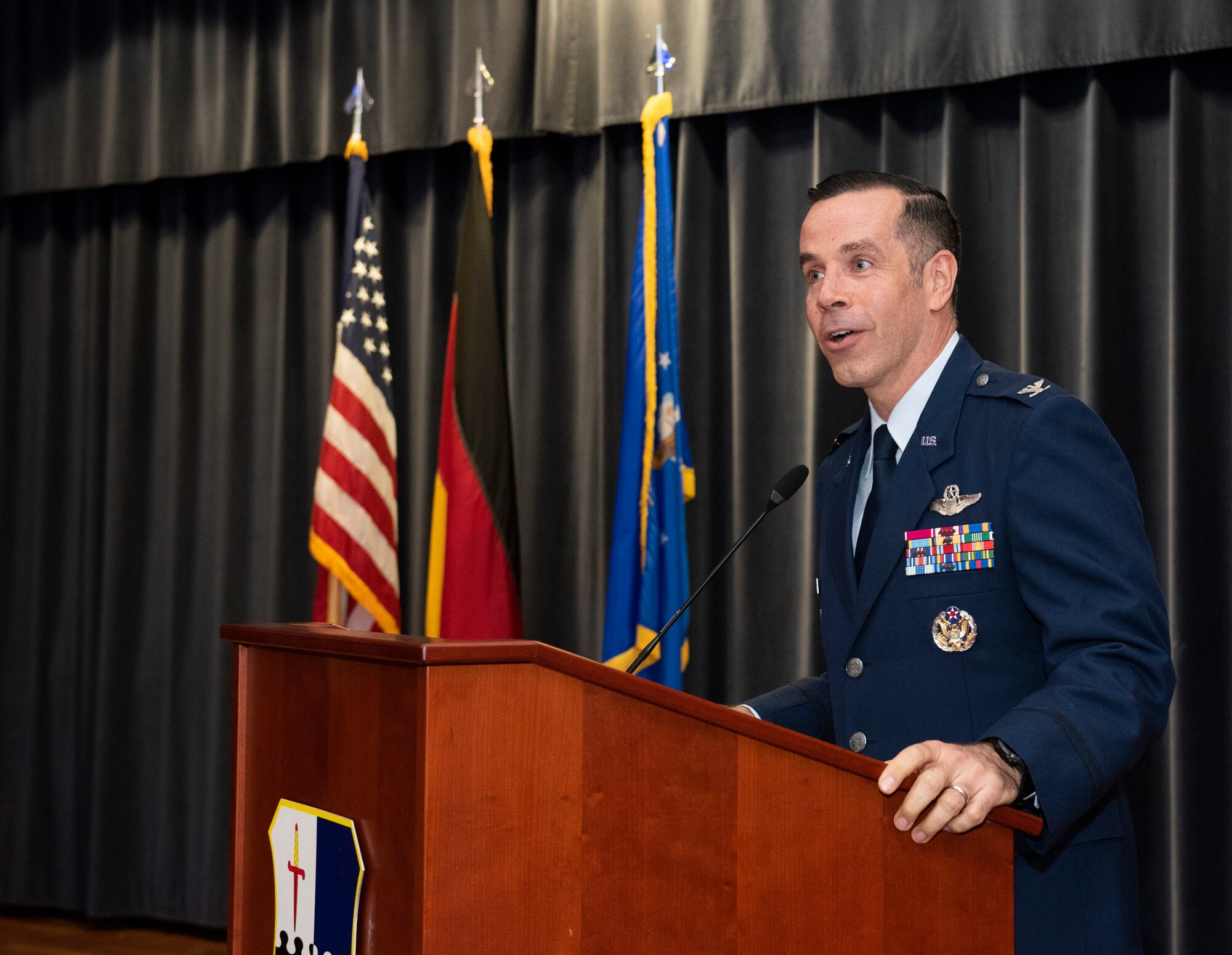U.S. Air Force Col. Jason Hokaj, 52nd Fighter Wing vice commander, delivers closing remarks at the annual Black History Month Luncheon at Spangdahlem Air Base, Germany, Feb. 24, 2020. Hokaj's remarks included quotes from Muhammed Ali and encouraged attendees to dream big. (U.S. Air Force photo by Airman 1st Class Alison Stewart)