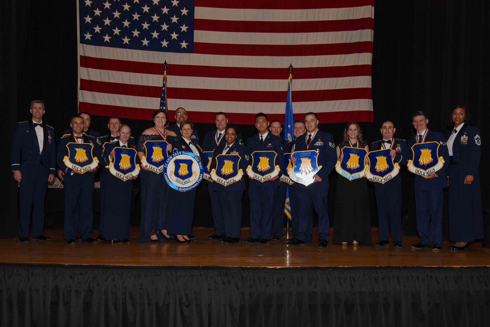 The 2019 annual award winners pose for a photo after the 22nd Air Refueling Wing’s Annual Awards Ceremony Feb. 21, 2020, at McConnell Air Force Base, Kansas. The ceremony was held to commemorate the men and women of the 22nd ARW for their accomplishments in 2019. (U.S. Air Force photo by Airman 1st Class Marc A. Garcia)