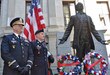 Maj. Louis Fabrizi (left) and Staff Sgt. Brian Brandmeir (right) stand at the foot of the Major Octavius V. Catto Memorial after a wreath laying ceremony on Feb. 22, 2020 honoring the Civil War-era militia officer and African-American civil rights leader from Philadelphia. Both men were  awarded The Major Octavius V. Catto Medal, which is bestowed upon guardsmen and women who display qualities of selfless service in the military and local community. (U.S. Air National Guard photo by Senior Airman Wil Acosta)