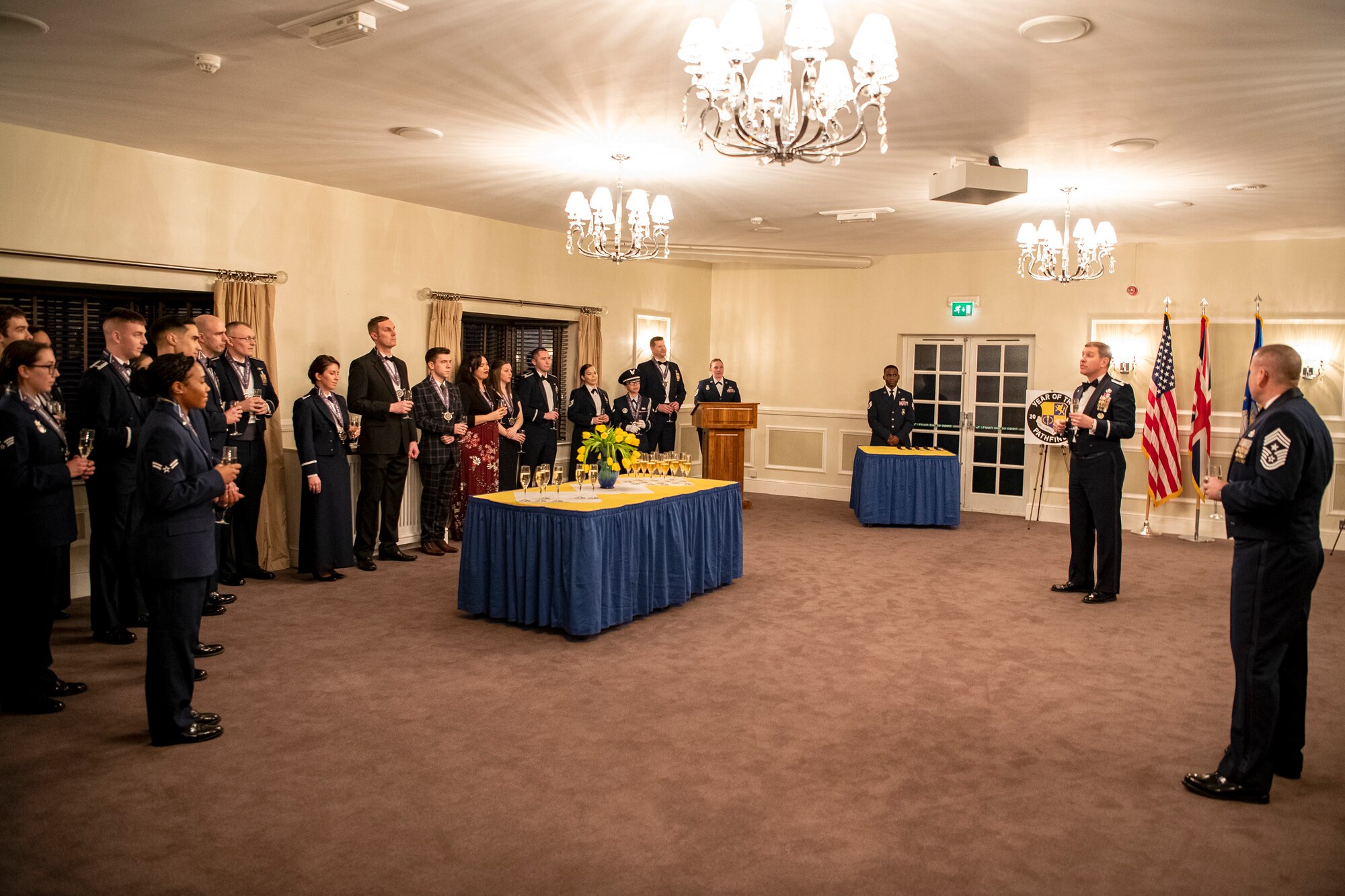 Col. Kurt Wendt, second from right, 501st Combat Support Wing commander, speaks with nominees for the 501st Combat Support Wing annual awards ceremony, at RAF Alconbury, England, Feb. 21, 2020. The 501st CSW family came together to celebrate the Pathfinders that went above and beyond in the year of 2019. (U.S. Air Force photo by Senior Airman Eugene Oliver)
