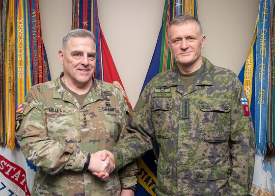 Chairman of the Joint Chiefs of Staff Gen. Mark A. Milley meets with commander of the Finnish Defense Forces Gen. Timo Kivinen Feb. 25, 2020 in the Pentagon, Washington, D.C.
