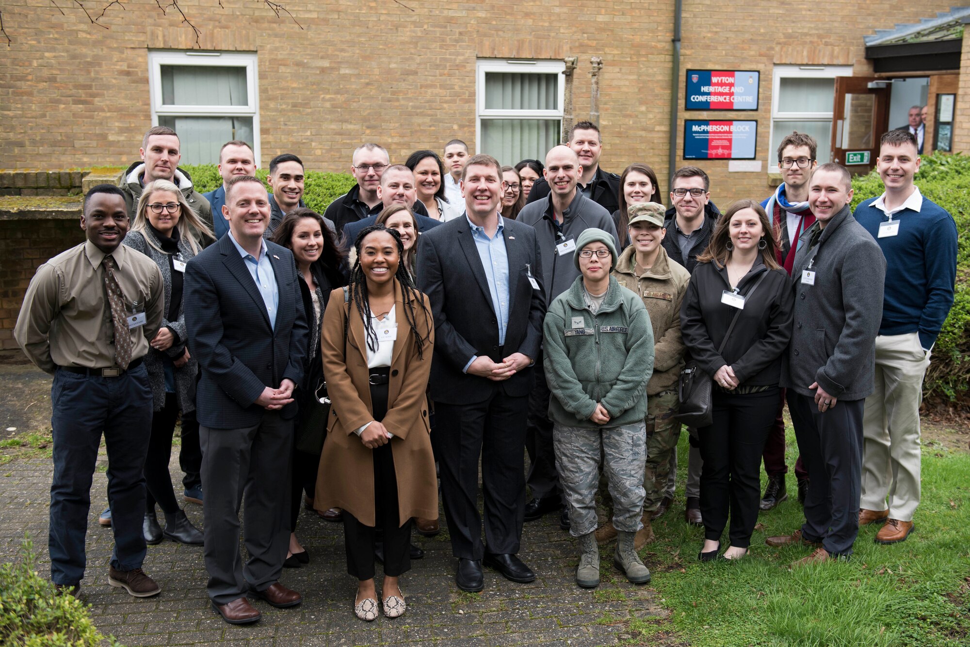 501st Combat Support Wing annual awards nominees and guests pose for a group photo at The Pathfinder Collection at the Wyton Heritage and Conference Centre, RAF Wyton, England, Feb. 21, 2020. The 501st Combat Support Wing 2019 Annual Award nominees and guests attended the museum to learn more about Pathfinder heritage in honor of the Year of the Pathfinder 2020 initiative. (U.S. Air Force photo by Airman 1st Class Jennifer Zima)
