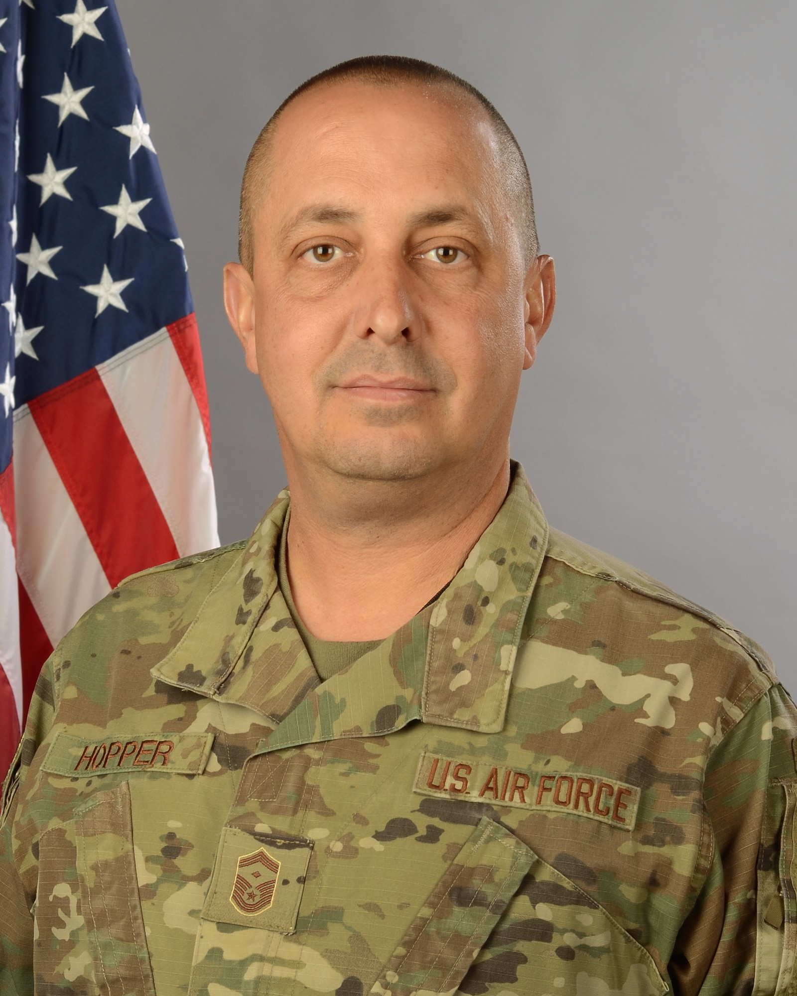 Portrait of U.S. Air Force Senior Master Sgt. Jeffrey Hopper, first sergeant assigned to the 169th Aircraft Maintenance Squadron at McEntire Joint National Guard Base, S.C., February 7, 2020.