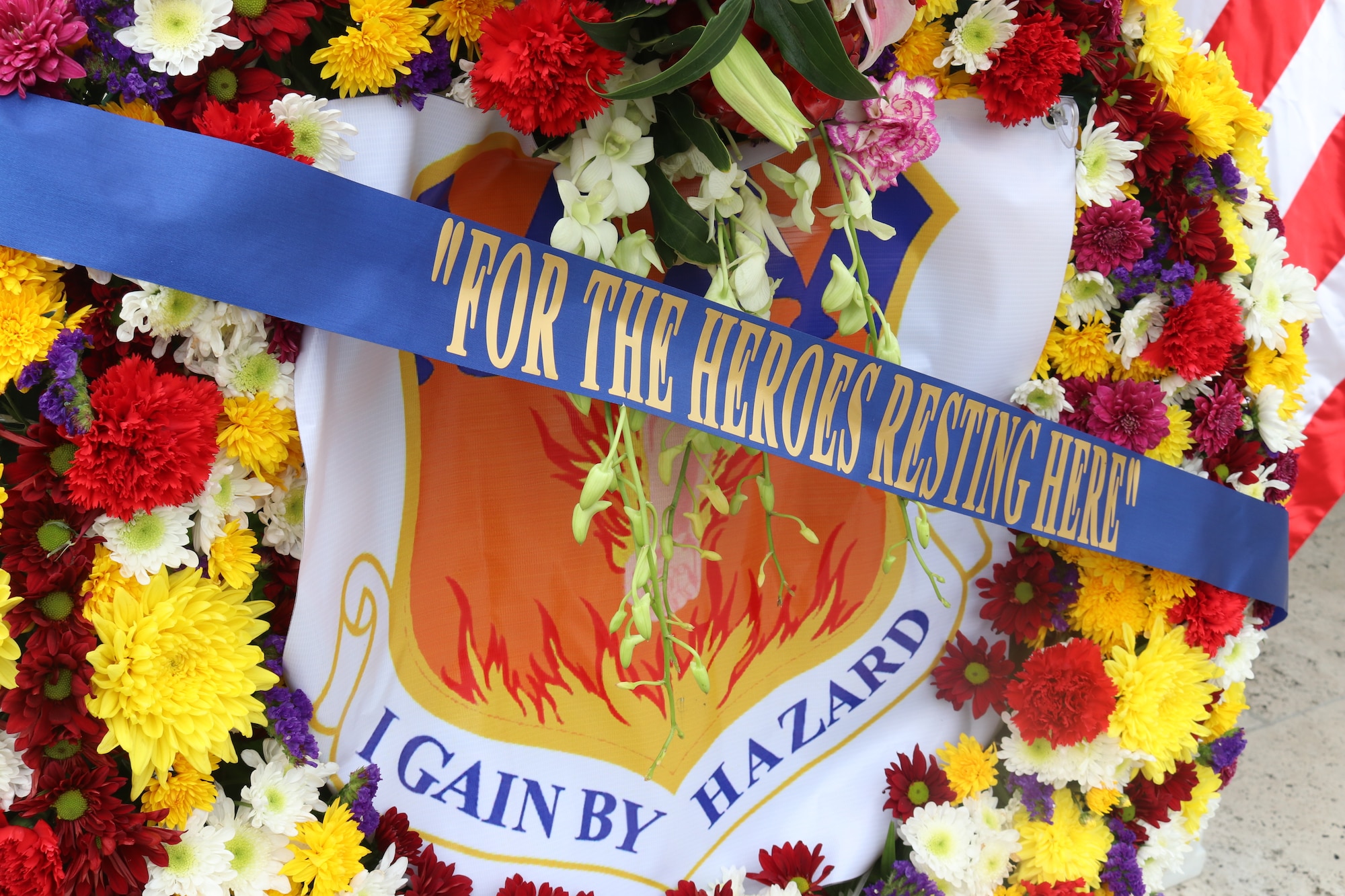 A wreath with the 317th Airlift Wing’s insignia sits at the Manila American Cemetery during the 75th anniversary of the retaking of Corregidor Island ceremony in Manila, Philippines, Feb. 17, 2020.