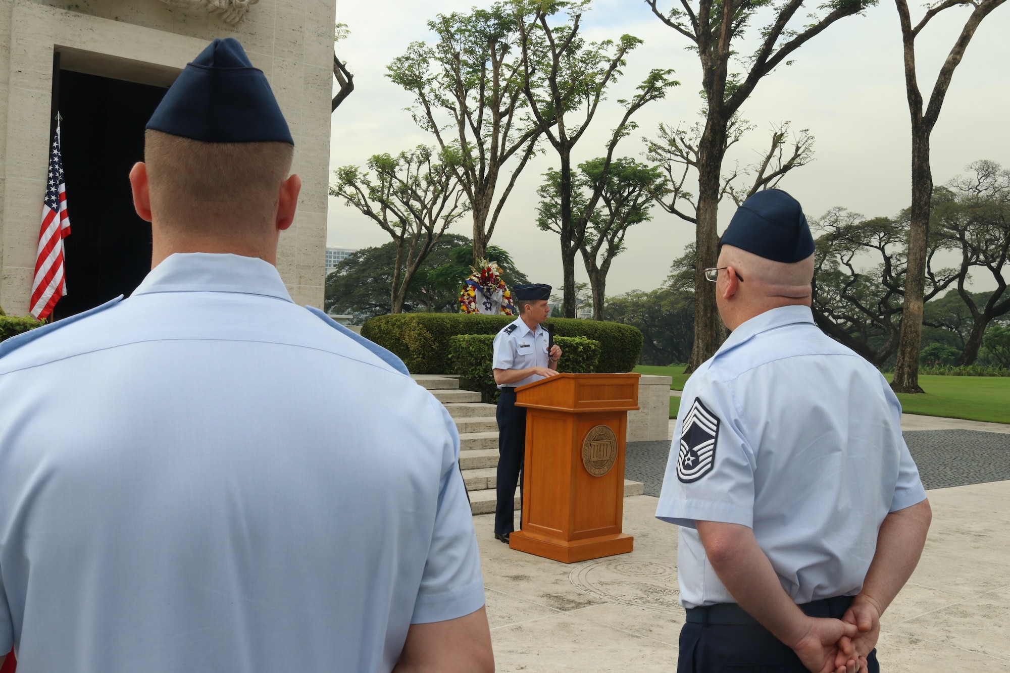 Col. Jeffrey Menasco, 317th Airlift Wing commander, gives a speech during the 75th anniversary of the retaking of Corregidor Island ceremony at the Manila American Cemetery in Manila, Philippines, Feb. 17, 2020.