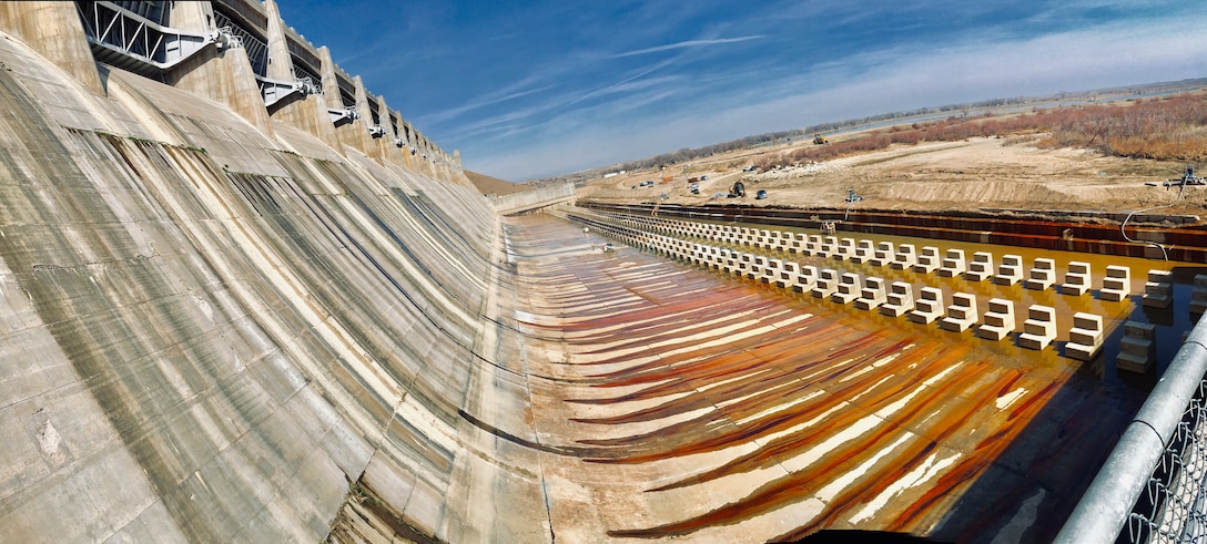 The John Martin Reservoir stilling basin without water, March 26, 2019. This photo was taken during the stilling basin dewatering project, the first time in almost 80 years it was exposed.