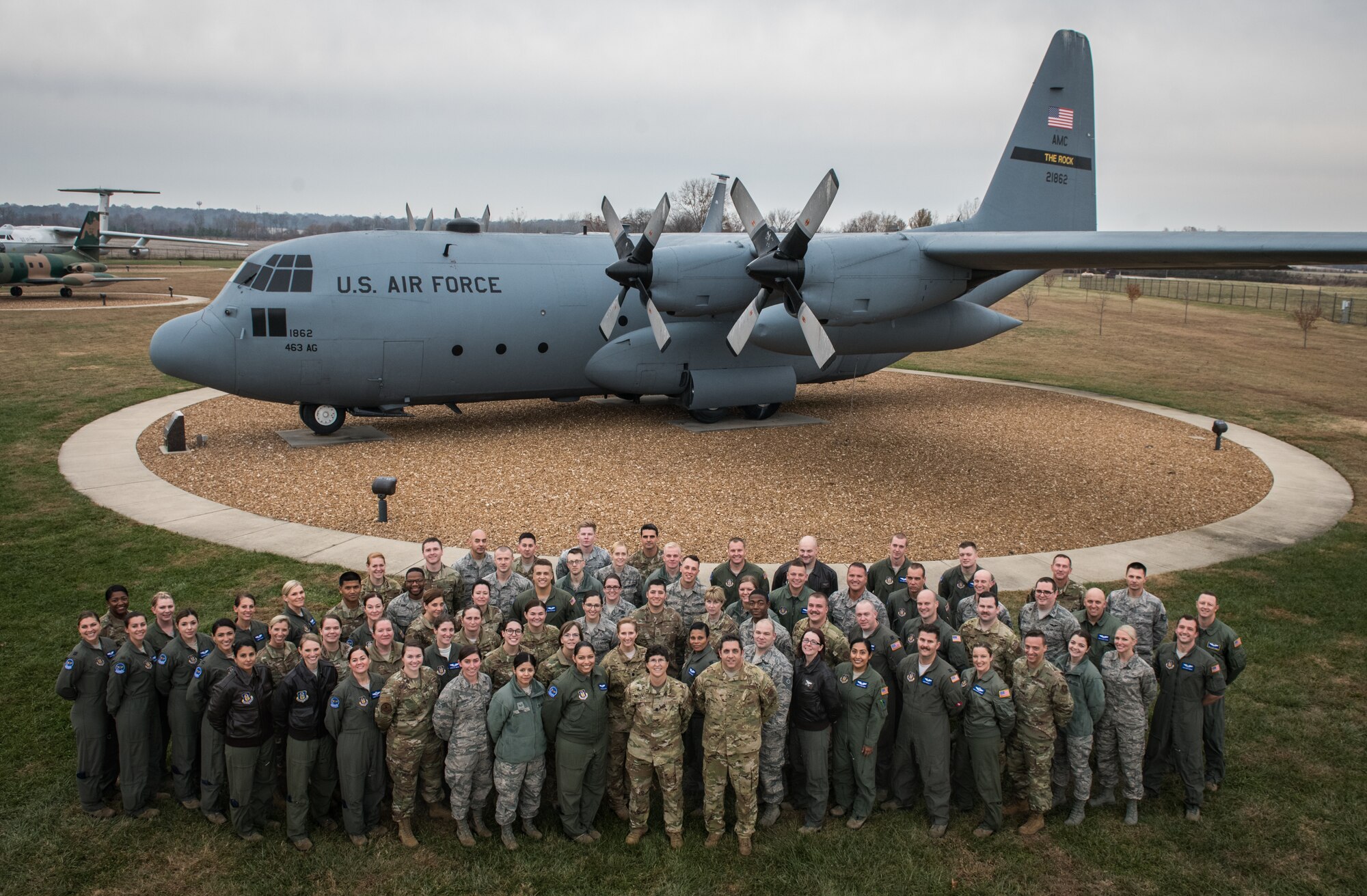 U.S. Air Force Citizen Airmen from the 932nd Aeromedical Evacuation Squadron pose for a group photo Nov. 17, 2019 at the Scott Heritage Air Park, just outside Scott Air Force Base, Illinois. (U.S. Air Force photo by Christopher Parr)