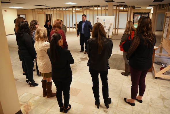 Brian Joyner, 4 Civil Engineer Squadron chief engineer, informs Seymour Johnson spouses about the construction of the Connect 4 facility which is expected to open in early summer, Feb. 19, 2020, at Seymour Johnson Air Force Base, N.C. Connect 4 will comprise of the Airman’s Attic, Cinderella’s Closet, a food pantry and offer a space for spouses to connect.  (U.S. Air Force Photo by Staff Sgt. Gabriela Keiser)