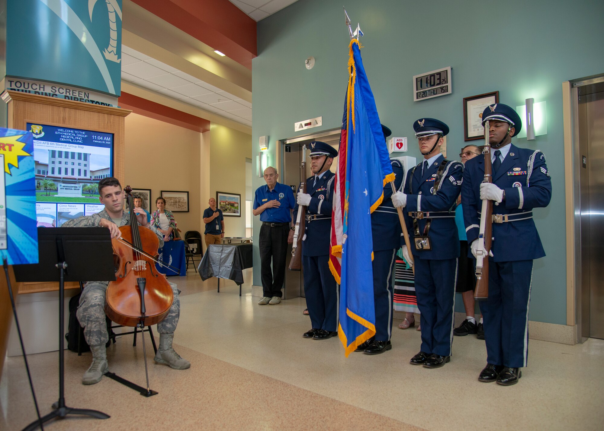 Airman 1st Class Jared N. Devine, a 6th Health Care Operations Squadron aerial medical technician, performs the national anthem on a cello during the annual Retiree Appreciation Day event, Feb. 22, 2020, at MacDill Air Force Base, Fla.