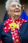 Mae Krier, a real-life “Rosie the Riveter” talks with DLA Troop Support military members after her presentation during a Leadership and Professional Development session Feb. 20 in Philadelphia. Krier spoke about her experiences as a riveter, working on B-17 Flying Fortress and B-29 Superfortress bombers during WWII.