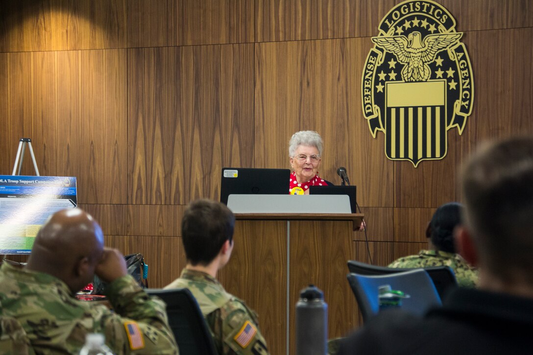 Mae Krier, a real-life “Rosie the Riveter” speaks with DLA Troop Support military members during a Leadership and Professional Development session Feb. 20 in Philadelphia. Krier spoke about her experiences as a riveter, working on B-17 Flying Fortress and B-29 Superfortress bombers during WWII.