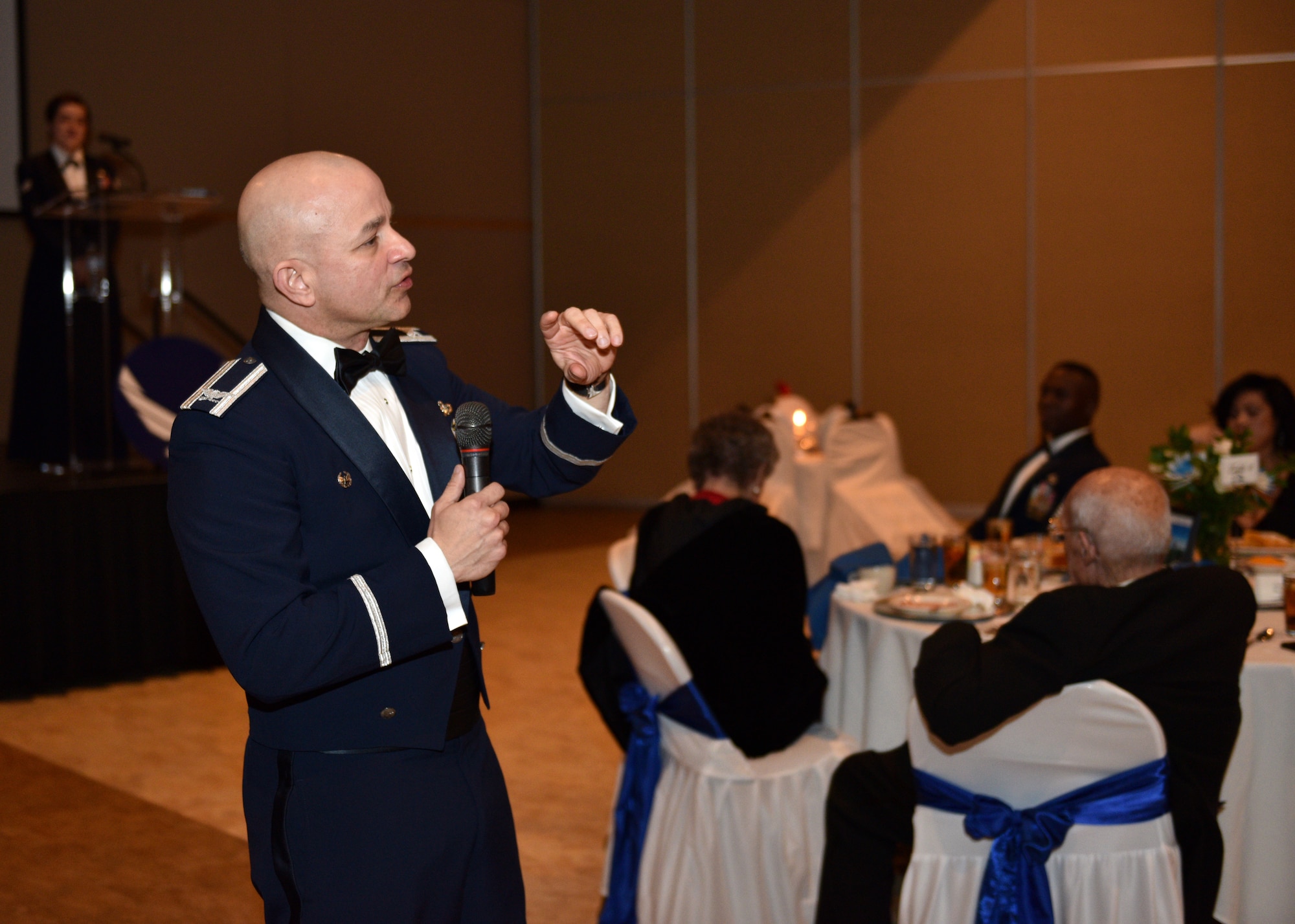 U.S. Air Force Col. Andres Nazario, 17th Training Wing commander, congratulates all the nominees and award winners during the 27th Annual Awards Ceremony at the McNeese Convention Center in San Angelo, Texas, Feb. 21, 2020. The ceremony provided a chance for family and friends to come out and celebrate those nominated and those who won. (U.S. Air Force photo by Airman 1st Class Robyn Hunsinger)