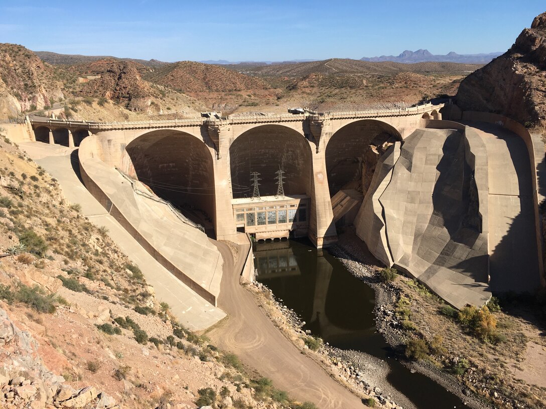 SAN CARLOS, Ariz. -- The downstream side of the Coolidge Dam, Nov. 14, 2019. The district is working on awarding a construction contract for the Bureau of Indian Affairs to upgrade the dam's hydraulic and electrical systems, install two 8-foot diameter butterfly valves, and work on the penstocks. The dam is located on the Gila River, on the San Carlos Indian reservation in Arizona, and is used for flood control and irrigation purposes. Photo by Todd Cleveland, engineering technician in the Construction Branch.