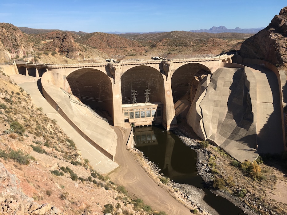 SAN CARLOS, Ariz. -- The downstream side of the Coolidge Dam, Nov. 14, 2019. The district is working on awarding a construction contract for the Bureau of Indian Affairs to upgrade the dam's hydraulic and electrical systems, install two 8-foot diameter butterfly valves, and work on the penstocks. The dam is located on the Gila River, on the San Carlos Indian reservation in Arizona, and is used for flood control and irrigation purposes. Photo by Todd Cleveland.