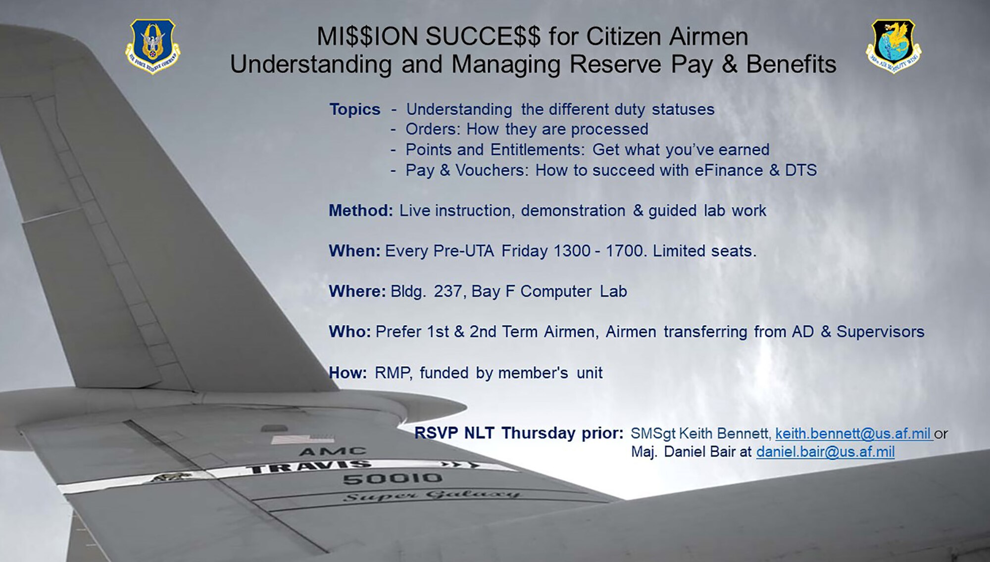 MI$$ION SUCCE$$ for Citizen Airmen for target audience of newly gained Airmen from Active Duty and 1st and 2nd Term Airmen, and supervisors.  #ReserveReady