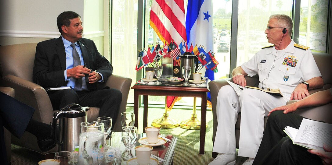 Honduran Minister of Defense, Fredy Diaz, meets with the commander of U.S. Southern Command, U.S. Navy Adm. Craig Faller.