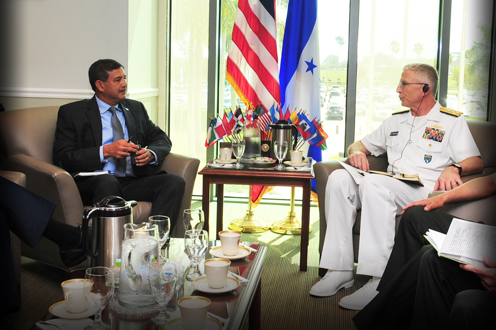 Honduran Minister of Defense, Fredy Diaz, meets with the commander of U.S. Southern Command, U.S. Navy Adm. Craig Faller.