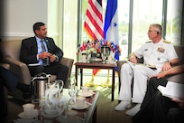 Honduran Minister of Defense, Fredy Diaz, meets with the commander of U.S. Southern Command, U.S. Navy Adm. Craig Faller.