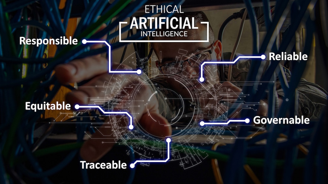 Five words describing DOD ethical principles for artificial intelligence are part of an infographic. They include, “responsible,” “equitable,” “traceable,” “reliable” and “governable.”