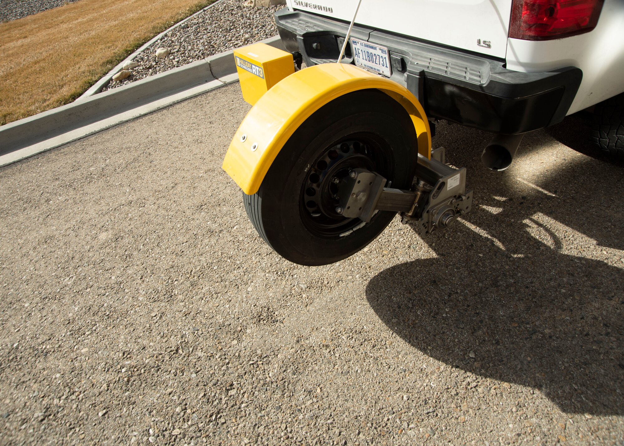 The Real Time Traction Tool is fastened to the bumper of the truck Feb. 14, 2020, on Mountain Home Air Force Base, Idaho. The RT3 is part of the Certified Friction Measuring Equipment, and it is used for conducting friction tests. (U.S. Air Force photo by Airman 1st Class Akeem K. Campbell)