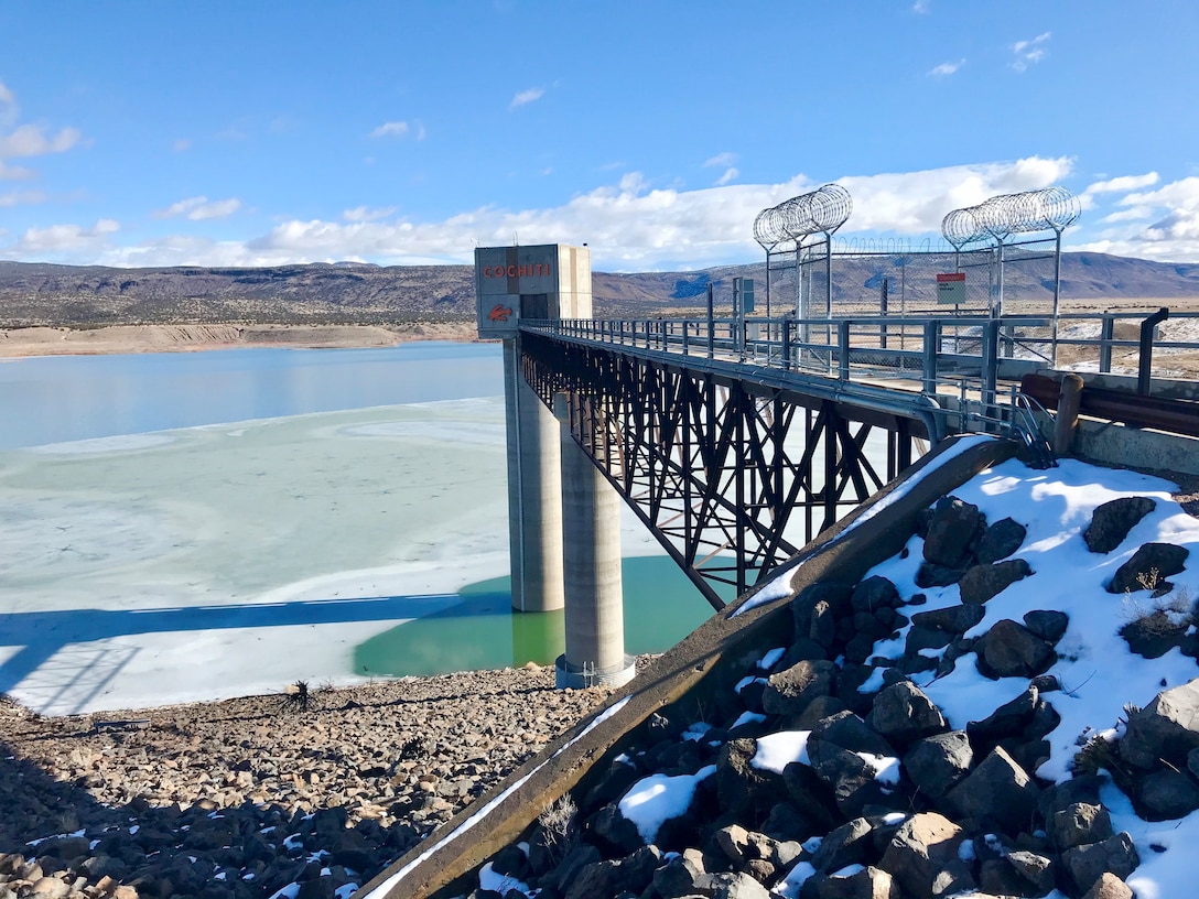 Looking north at the Cochiti Lake tower and frozen lake, Jan. 22, 2020. Photo by Lucia Pillera, safety and occupational health specialist.