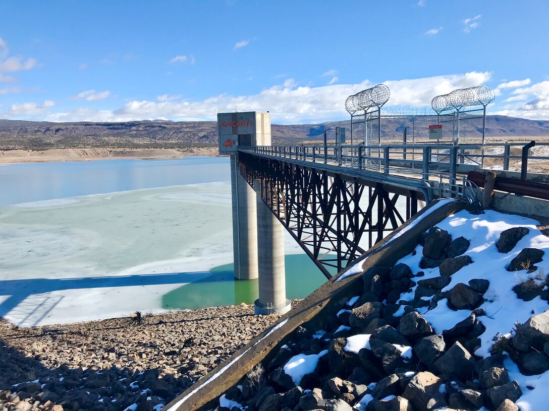 Looking north at the Cochiti Lake tower and frozen lake, Jan. 22, 2020. Photo by Lucia Pillera, safety and occupational health specialist.