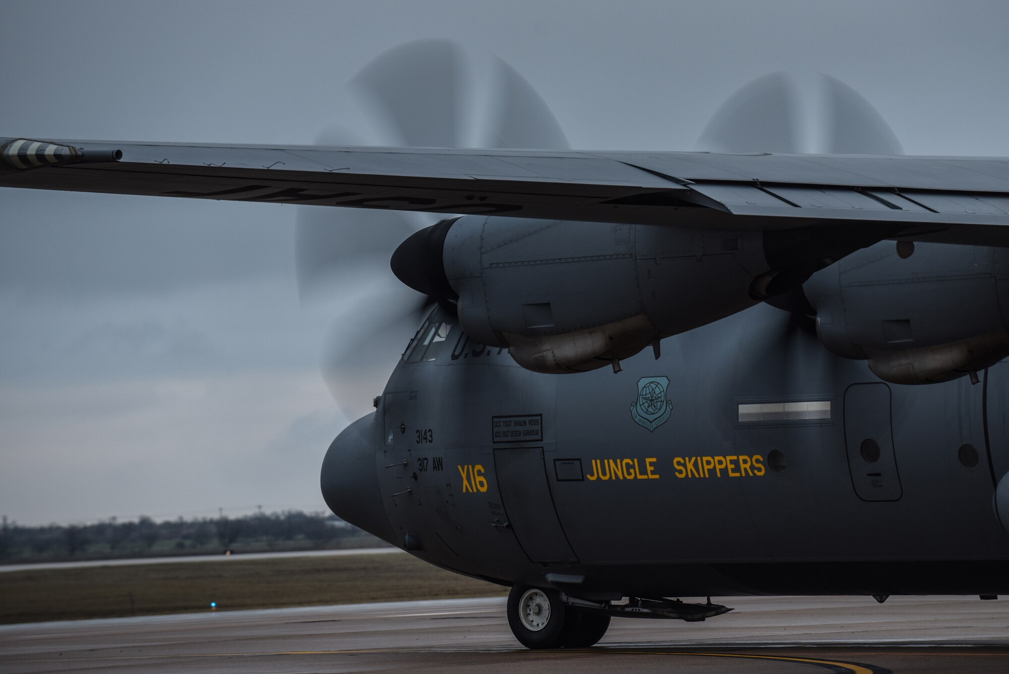 A C-130J Super Hercules assigned to the 317th Airlift Wing taxis before takeoff at Dyess Air Force Base, Texas, Feb. 12, 2020.