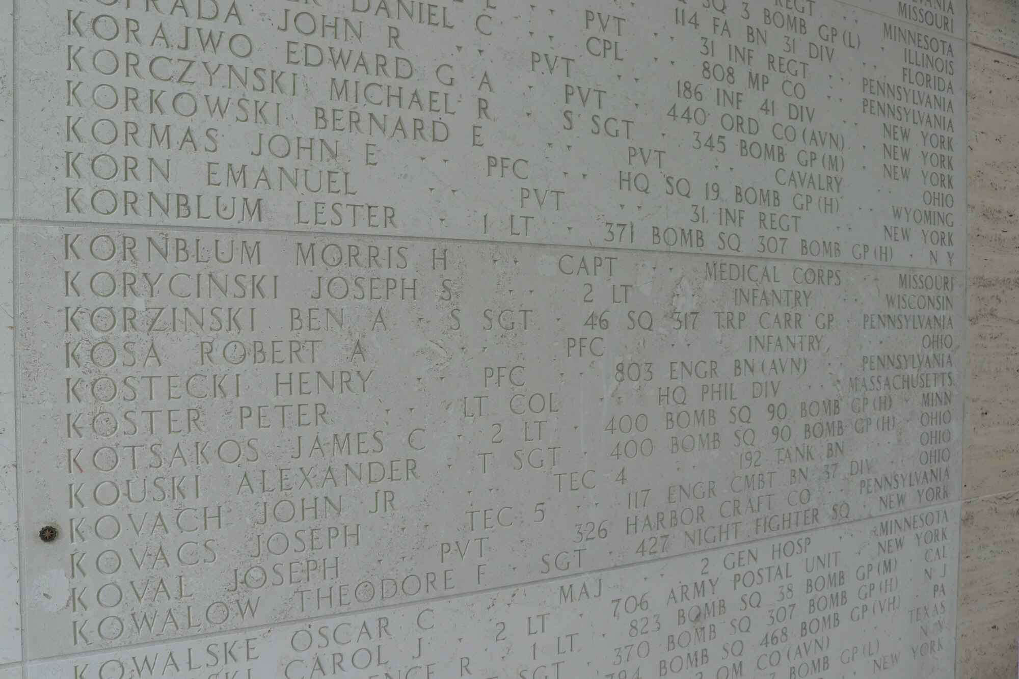 The name of Sgt. Ben Korzinski, a former member of the 317th Troop Carrier Group, is engraved on a wall of the missing at the Manila American Cemetery in Manila, Philippines, Feb. 17, 2020.