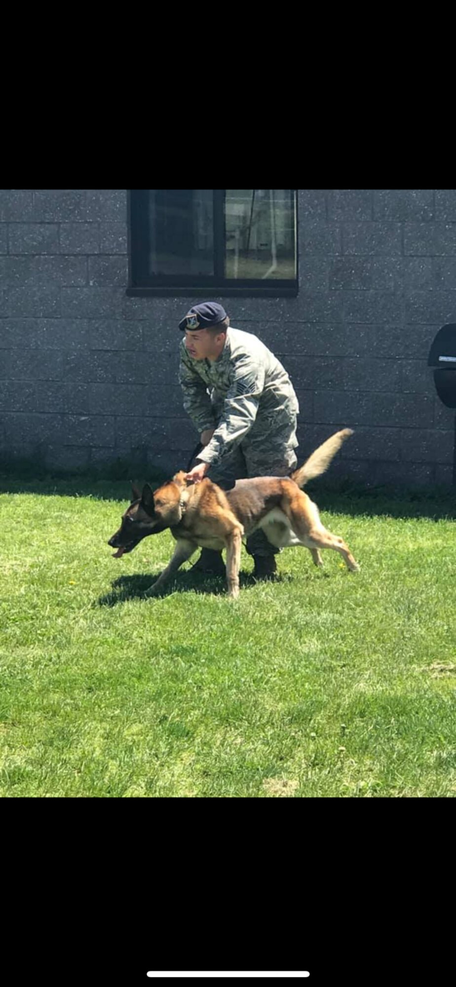 U.S. Air Force Staff Sgt. Nicholas Gray, 325th Security Forces Squadron Military Working Dog handler assigned to Tyndall Air Force Base, Fl., trains with his K-9, Kira, on Joint Base McGuire-Dix-Lakehurst, N.J. (U.S. Air Force courtesy photo)