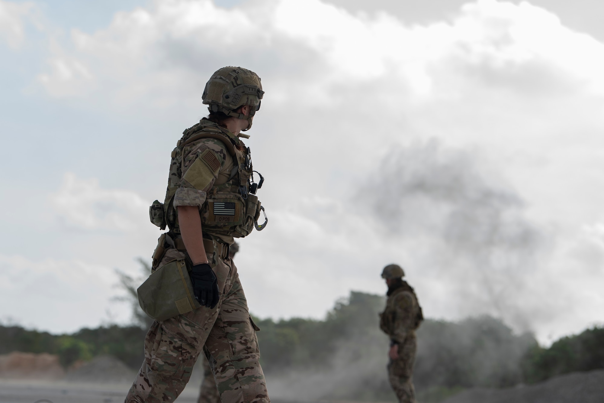 An Explosive Ordnance Disposal technician with the 36th Civil Engineer Squadron place explosives on the runway as part of a Rapid Airfield Damage Repair (RADR) Exercise at Andersen Air Force Base, Guam, Feb. 12, 2020.