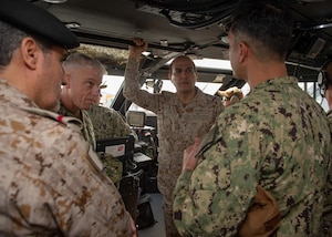 JUBAIL, Kingdom of Saudi Arabia 200223-N-JO908-1040
Lt. Cmdr. Jorge Roldan, commanding officer of Task Unit 56.7.5, right, explains the capabilities of the Mark VI patrol boat to Vice Adm. Jim Malloy, commander, U.S. Naval Forces Central Command, U.S. 5th Fleet, Combined Maritime Forces, left, and Vice Adm. Fahad al Ghofaily, Commander of the Royal Saudi Naval Forces (RSNF), during an underway in Jubail, Kingdom of Saudi Arabia as part of exercise Nautical Defender 20 (ND) Feb. 23. ND is a bilateral maritime exercise between the U.S. Navy and the RSNF designed to build and sustain warfighting capabilities, support long term regional security and enhance military-to-military interoperability with the U.S. and Kingdom of Saudi Arabia. (U.S. Navy photo by Mass Communication Specialist 1st Class Kory Alsberry)