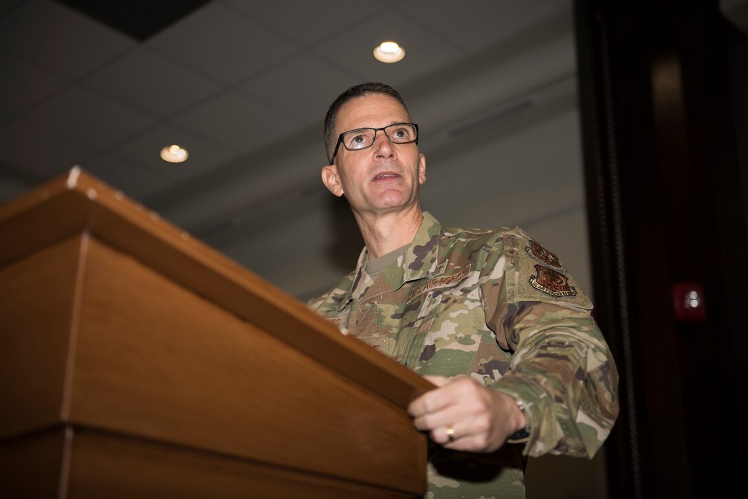 U.S. Air Force Col. Trent Davis, U.S. Air Forces in Europe and Air Forces Africa command chaplain, delivers the keynote speech during the National Prayer Breakfast, Feb. 20, 2020, at Incirlik Air Base, Turkey. Davis’ speech revolved around spirituality and its ability to build resilience. (U.S. Air Force photo by Senior Airman Matthew Angulo)