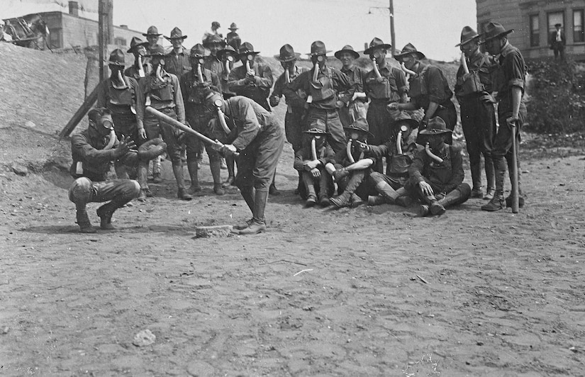 U.S. Army Soldiers prepare to play baseball for chemical warfare training during WWI at a Gas Defense Plant in Long Island City, N.Y. in 1918. We still have the greatest Army in the world. We serve the people of the United States and we are going to protect them with our lives if that is what it comes to. (Courtesy photo by Underwood and Underwood, U.S. National Archives)
