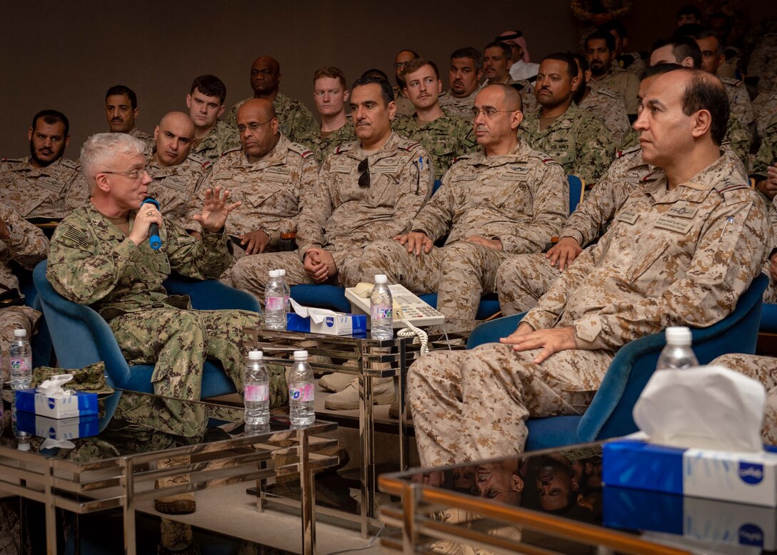 JUBAIL, Kingdom of Saudi Arabia 200223-N-JO908-1005
Vice Adm. Jim Malloy, commander, U.S. Naval Forces Central Command, U.S. 5th Fleet, Combined Maritime Forces, gives remarks during the opening ceremony of exercise Nautical Defender 20 (ND) onboard King Abdulaziz Naval Base Feb. 23. ND is a bilateral maritime exercise between the U.S. Navy and the Royal Saudi Naval Forces (RSNF) designed to build and sustain warfighting capabilities, support long term regional security and enhance military-to-military interoperability with the U.S. and Kingdom of Saudi Arabia. (U.S. Navy photo by Mass Communication Specialist 1st Class Kory Alsberry)