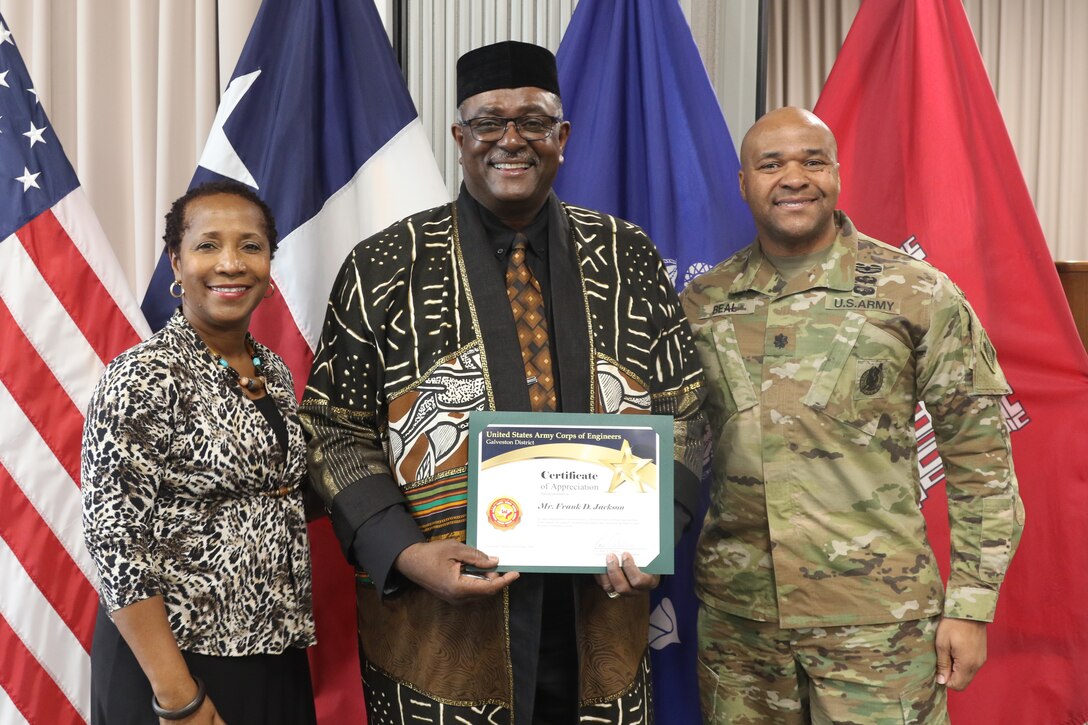 The U. S. Army Corps of Engineers Galveston District celebrated African American Black History Month 20 Feb. at the Jadwin Building.  The guest speaker was Mr. Frank Jackson, Assistant Vice Chancellor for State Relations, Texas A&M University System, Prairie View A&M University. Jackson spoke about African American History from Ancient time to the present day. He informed the audience of the grandeur of the African civilizations prior to the slavery of Africans in the western hemisphere. His central theme was the oneness of the human family on the planet earth.  
Jackson said, “All civilizations have borrowed from one another. African history is world history. The reason for African history is to tell the whole story of humanity.” 
Black History Month originally started in 1915 fifty years after the emancipation by Carter G. Woodson who earned his bachelor’s and master’s degrees at the University of Chicago and his doctorate from Harvard.  W.E.B. DuBois and Dr. Woodson believed that early 20th century African Americans were not being taught enough about their own heritage and achievements that their ancestors had made to society.  He first announced what was back then called the national Negro History week in February 1926.  He chose the month of February to coincide with Abraham Lincoln and Frederick Douglass birthday.  
In 1976, fifty years after the first Negro History Week the Association for the Study of African American History officially changed with the times to Black History Month. Every U.S. president since 1976 has officially issued that proclamation designating February as now days Black African American History Month.

By Dr. Rose M. Caballero, D.M., D.Min.