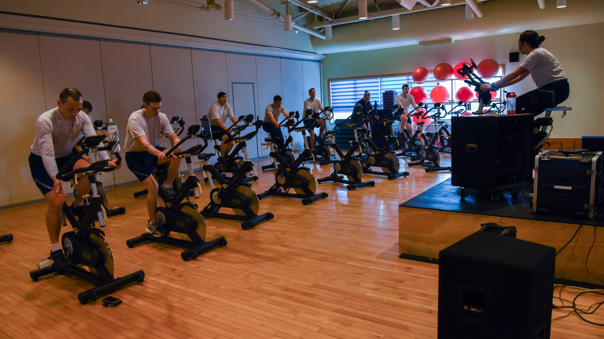Airmen attend a spinning  class at the fitness center during Airman’s Choice Day at Kunsan Air Base, Republic of Korea, Feb. 21, 2020. The wing resiliency day offered a wide range of classes including fitness opportunities, cooking demonstrations, reintegration workshops, language classes, and motivational speakers. (U.S. Air Force photo by Senior Airman Jessica Blair)