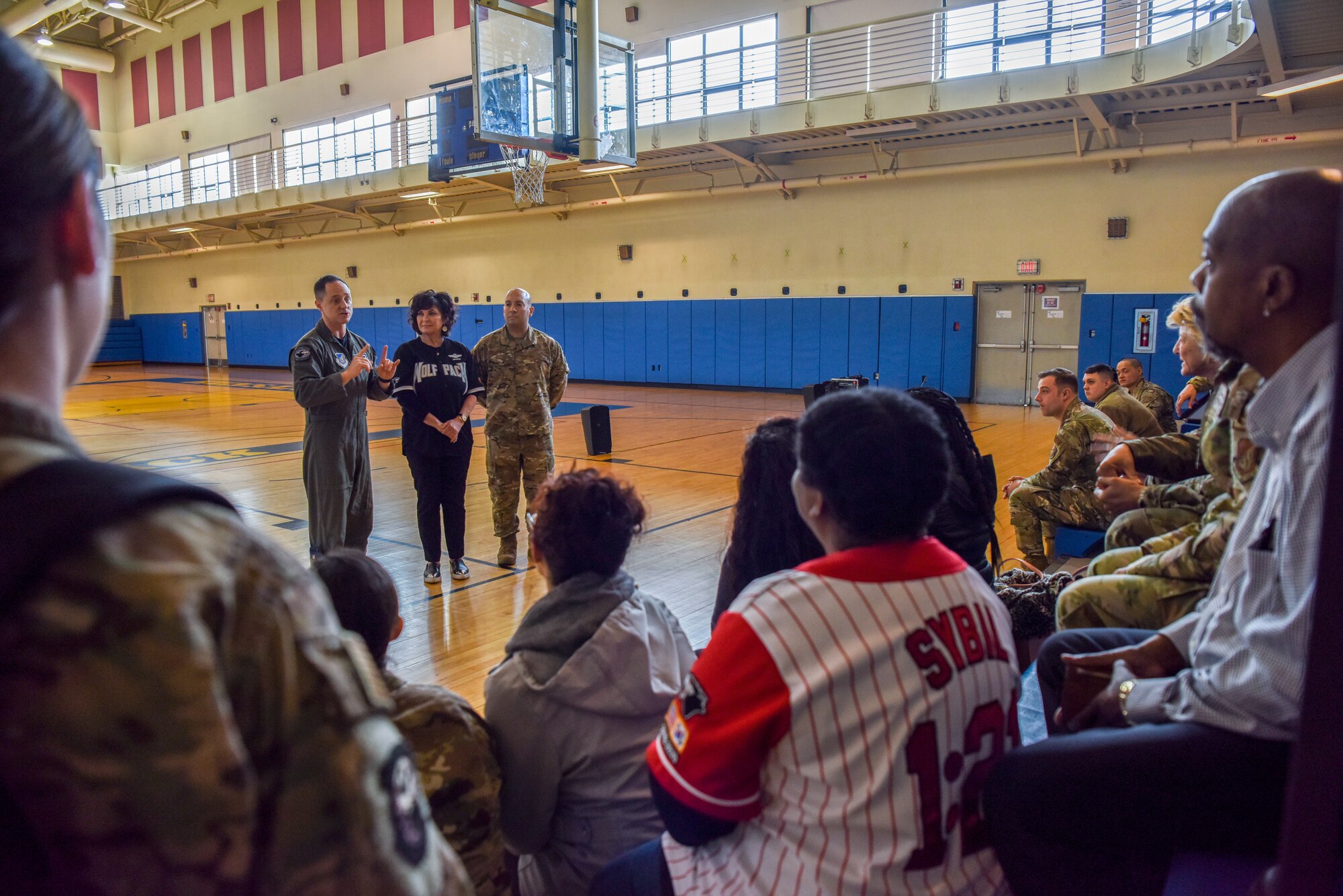 U.S. Air Force Col. Tad D. Clark, 8th Fighter Wing commander, Chief Master Sgt. Steve. C. Cenov, 8th FW command chief, and Janine Sijan-Rozina, Capt. Lance P. Sijan’s sister, provide Airman’s Choice Day opening remarks at Kunsan Air Base, Republic of Korea, Feb. 21, 2020. The wing resiliency day consisted of more than 30 events, workshops and activities that brought the wing together to promote resiliency and give Airmen the tools to overcome challenges in their everyday life. (U.S. Air Force photo by Senior Airman Jessica Blair)