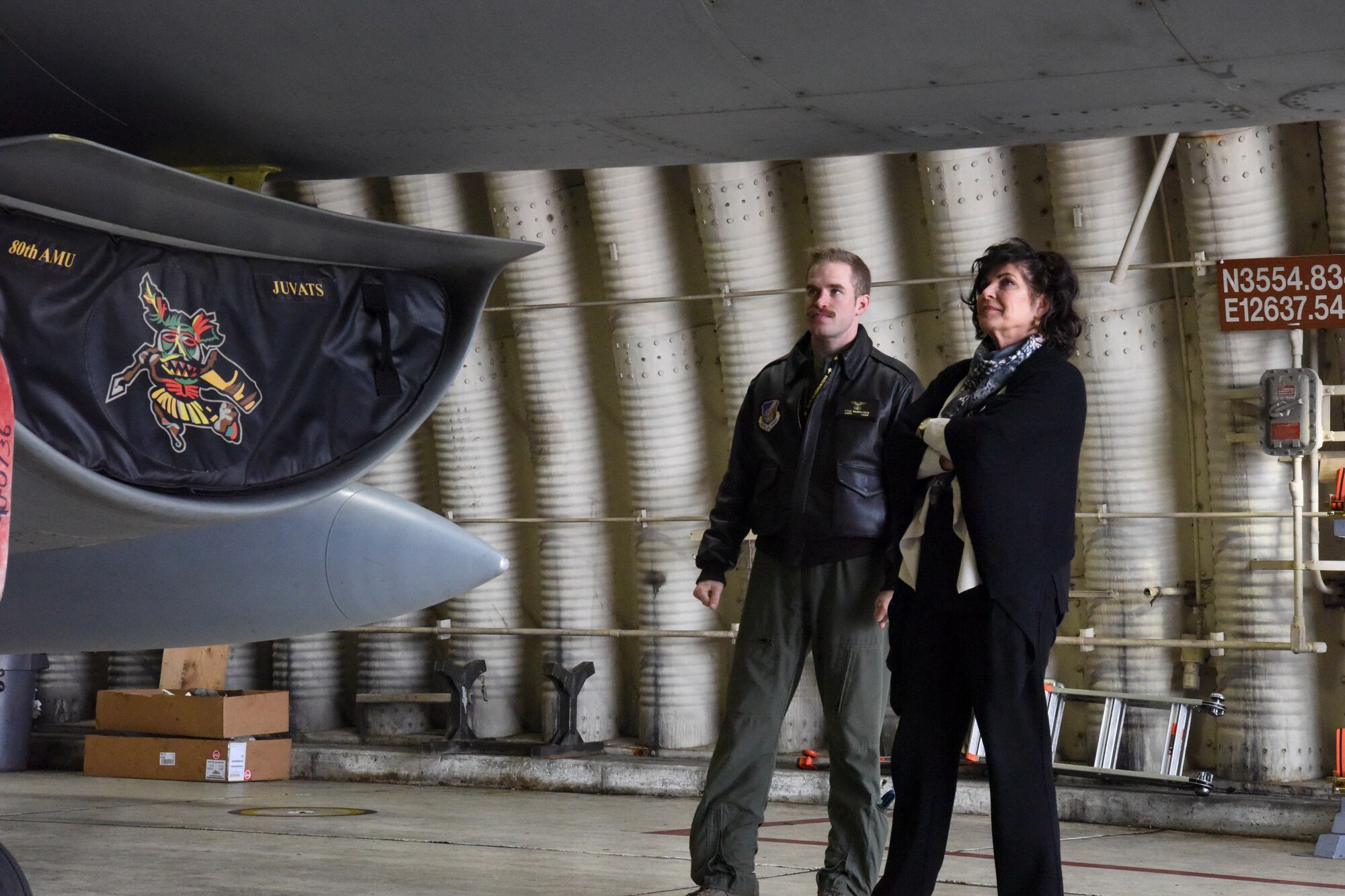 U.S Air Force Capt. Kyle Rasmussen, 80th Fighter Squadron F-16 Fighting Falcon pilot, and Janine Sijan-Rozina, Capt. Lance P. Sijan’s sister, look at an F-16 during her visit to Kunsan Air Base, Republic of Korea, Feb. 21, 2020. Rozina’s visit to Kunsan kicked off Airman’s Choice Day where Airmen were able to attend more than 30 classes and workshops. (U.S. Air Force photo by Senior Airman Jessica Blair)