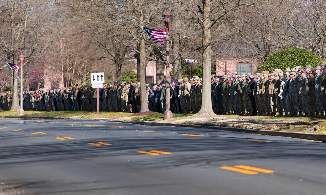 Approximately 1,000 Airmen, service members and civilians representing Joint Base Langley-Eustis, Virginia and Air Combat Command, rendered a final salute to U.S. Air Force Lt. Col. Paul K. "Tabs" Voss and his family. Voss, a 25-year veteran who passed away while deployed to Afghanistan in support of Operation Freedom's Sentinel, was the ops division branch chief at ACC Headquarters. This marks the end of Voss' watch as we honor his service, dedication and sacrifice to our country. (U.S. Air Force photo by Airman 1st Class Sarah Dowe)