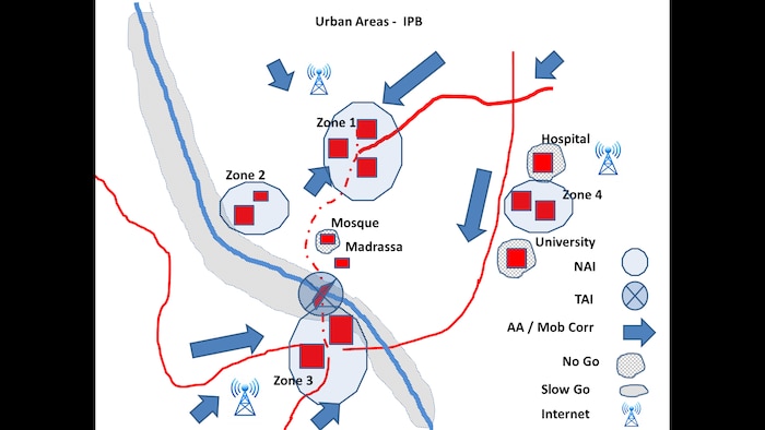 Mapping NAI, TAI, AA, mobility or social corridor, no-go, and slow-go areas in an urban area