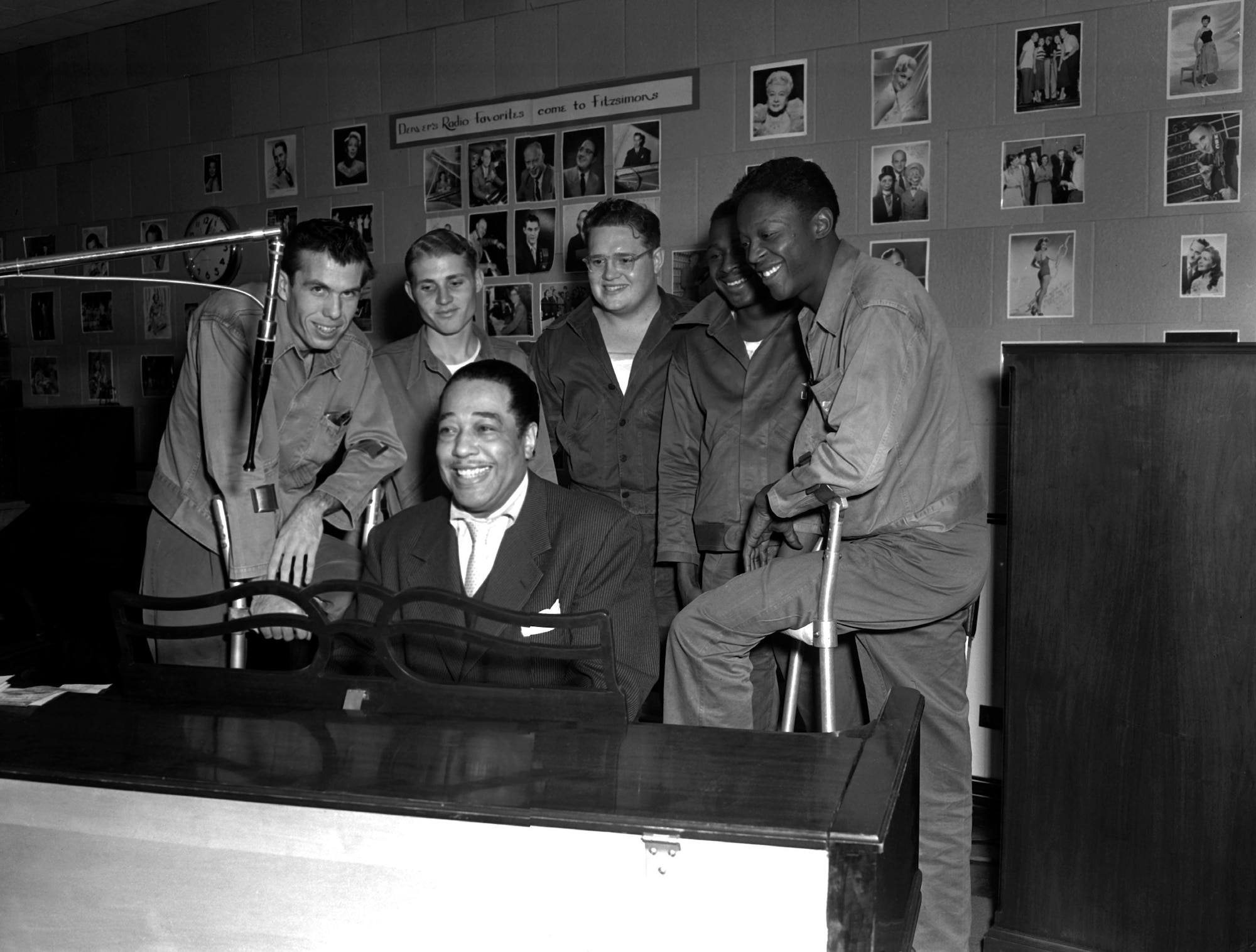 Jazz pianist Duke Ellington performs for patients Nov. 3, 1954, at the KFG Radio Studio for Fitzsimons Army Medical Center in Aurora, Colorado. In 1958, Ellington played a show at Travis Air Force Base, California, that was released as a live album in 1987. (U.S. Army photo)