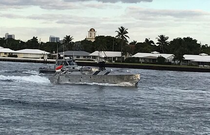 The Unmanned Influence Sweep System, accompanied by an escort vessel, heads out for an Operational Assessment mission off the coast of South Florida in November 2019. The UISS consists of an unmanned surface vehicle and a towed minesweeping payload for influence sweeping of magnetic, acoustic and magnetic/acoustic combination mine types while keeping warfighters out of the minefield.