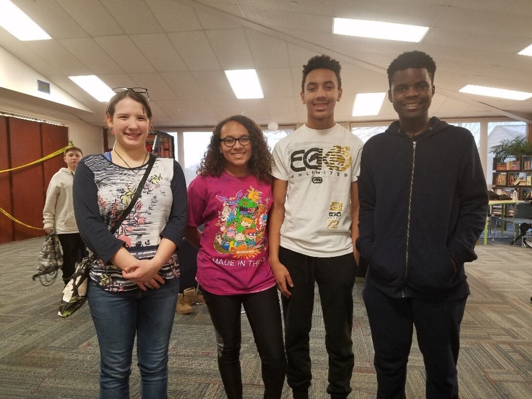 From left to right are the Keystone Club board members for the Prairies Youth Center: Naomi Driesenga, secretary; Kellesa Ogan, food manager; Kadell Ogan, president; Aaron Alexander, treasurer. U.S. Air Force photo/Laura McGowan)