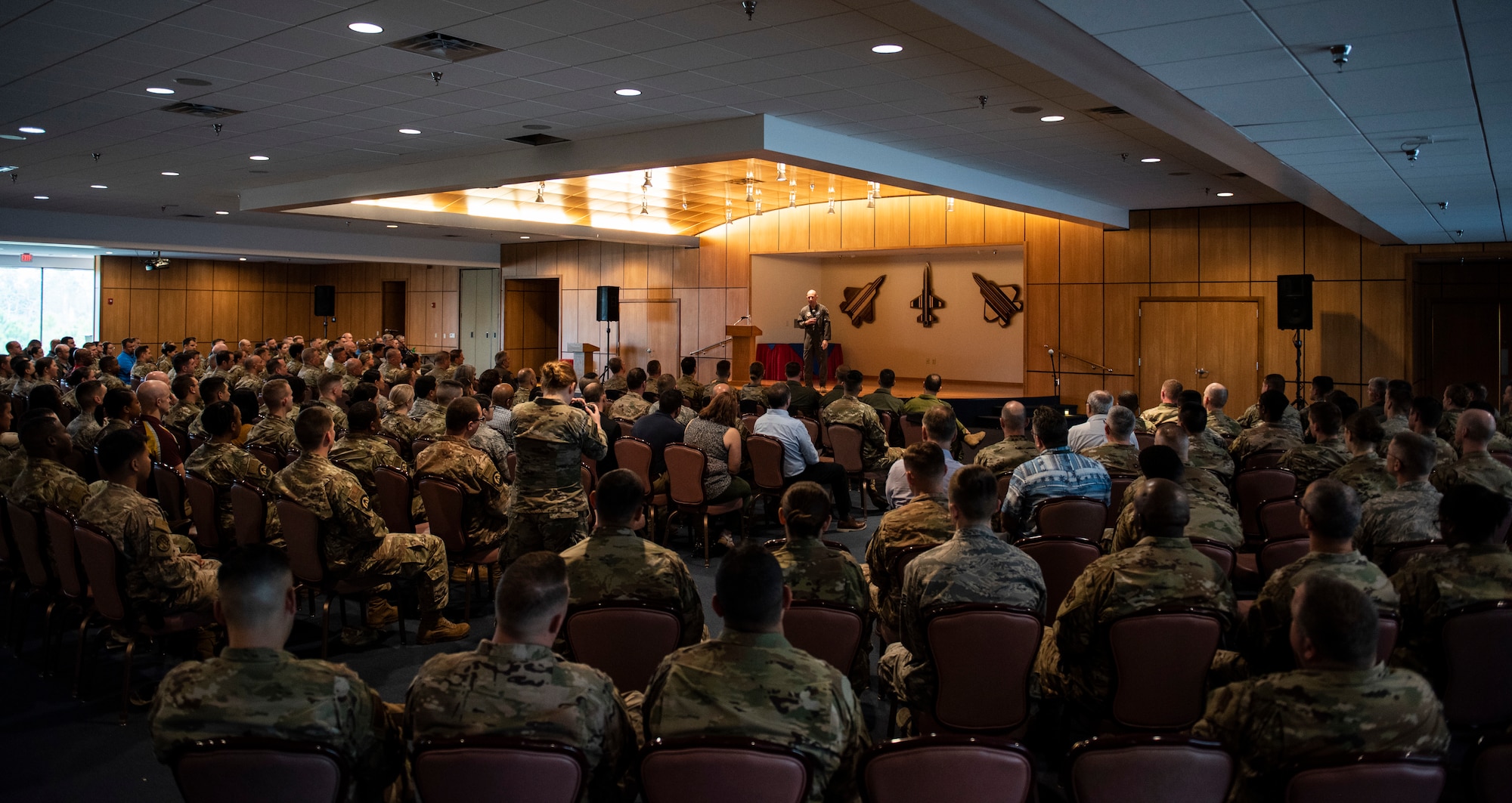 U.S. Air Force Gen. Mike Holmes, the commander of Air Combat Command, speaks at a town hall on Tyndall Air Force Base, Florida, Feb. 25, 2020. Holmes outlined his vision for the future of Tyndall and how the base’s mission fits into ACC’s priorities. (U.S. Air Force photo by Staff Sgt. Magen M. Reeves)