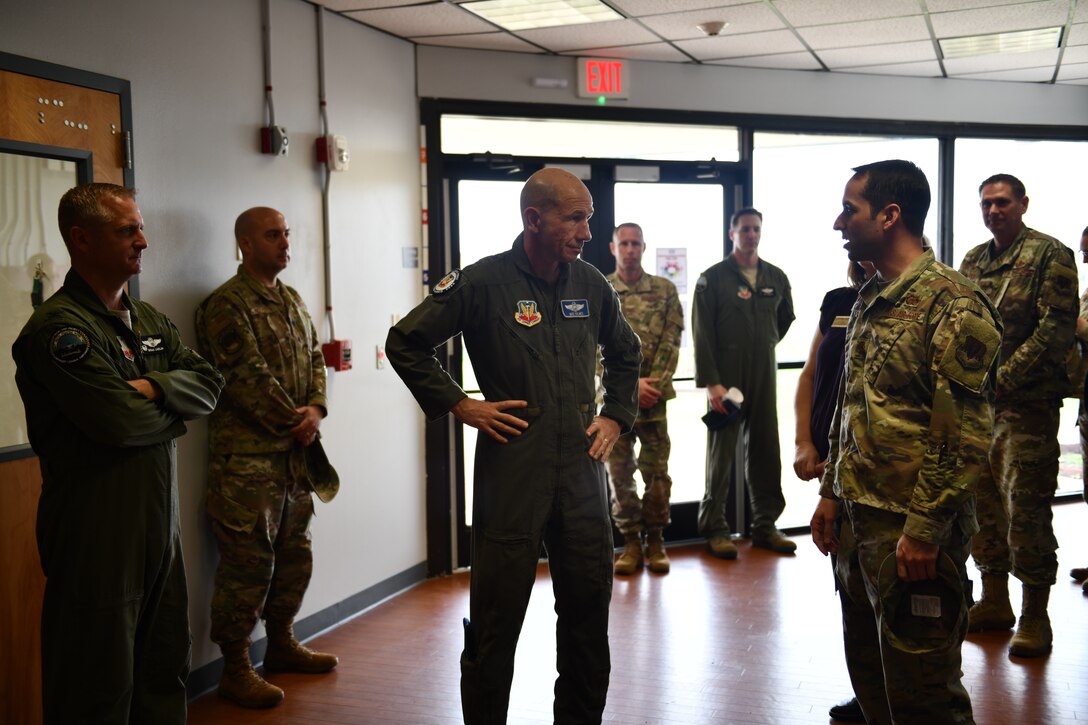 U.S. Air Force Gen. Mike Holmes, the commander of Air Combat Command (center), talks to Maj. Jesse Calland, 325th Force Support Squadron commander, about future plans for the Child and Youth Program Center at Tyndall Air Force Base, Florida, Feb. 25, 2020. Holmes toured Tyndall and spoke with leaders and Airmen about what the future has in store for the 325th Fighter Wing. (U.S. Air Force photo by Senior Airman Stefan Alvarez)