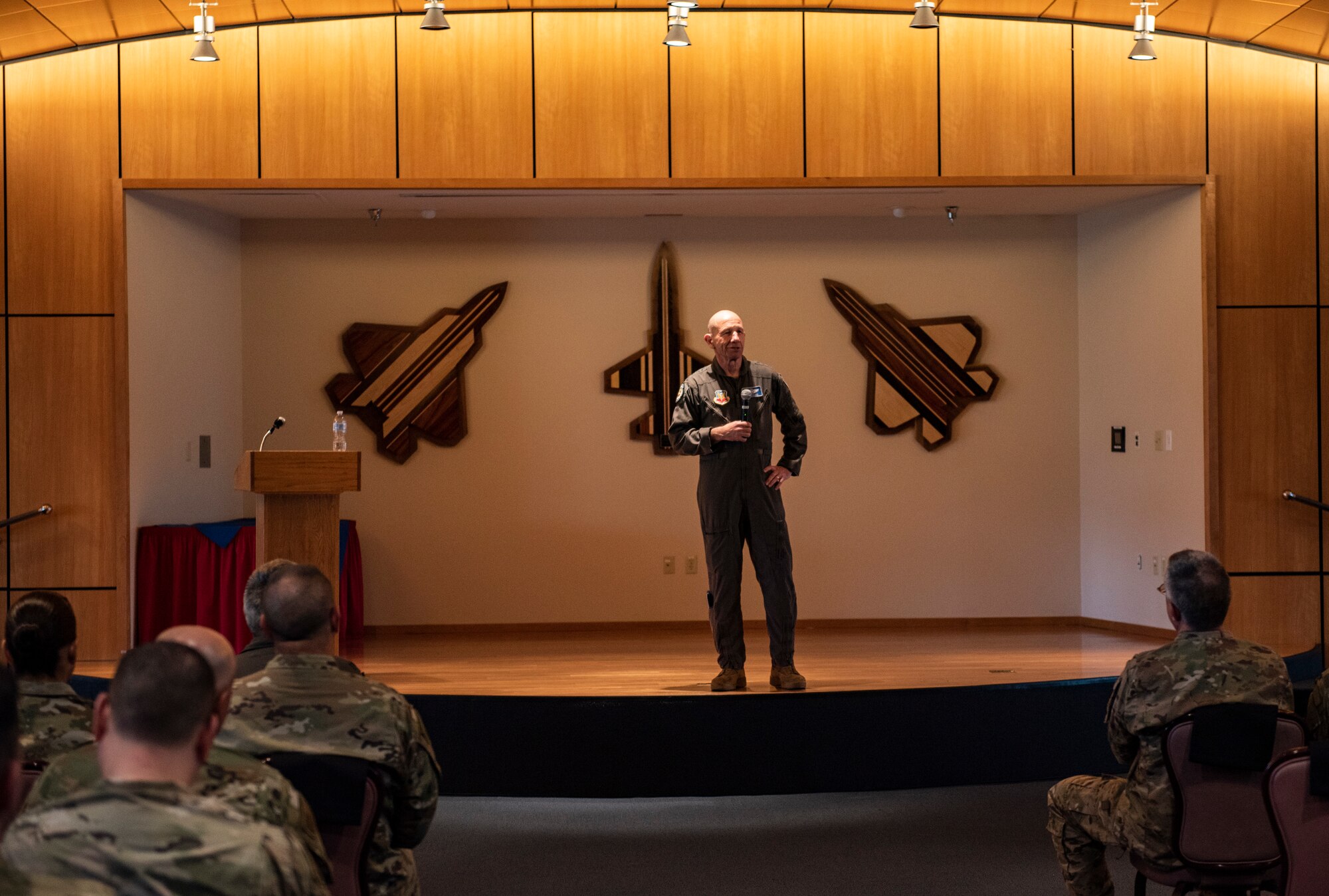 U.S. Air Force Gen. Mike Holmes, the commander of Air Combat Command, speaks at a town hall on Tyndall Air Force Base, Florida, Feb. 25, 2020. Holmes outlined his vision for the future of Tyndall and how the base’s mission fits into ACC’s priorities. (U.S. Air Force photo by Staff Sgt. Magen M. Reeves)