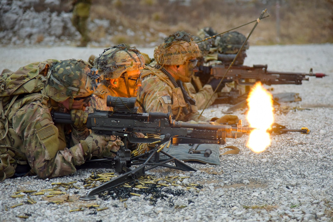 Soldiers lay in a straight line on the ground fire their weapons during training.
